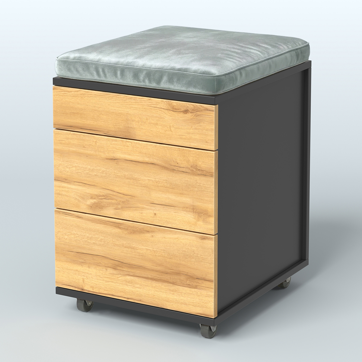 Тумба мобильная 2 ящика + 1 ящик-лоток с подушкой Фламинго, цвет белый + акация + бежевый Черный и Дуб Золотистый U1148