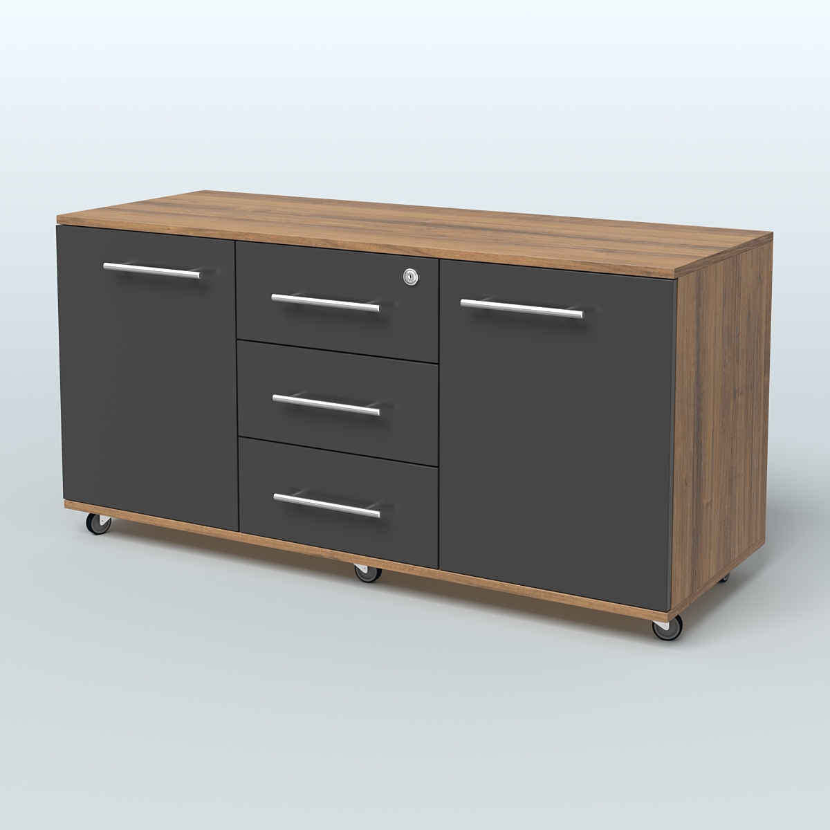 Тумба сервисная с 3 ящиками с замком и 2 фасадами Индиго Вуд, цвет дуб темный + белый Орех + Черный