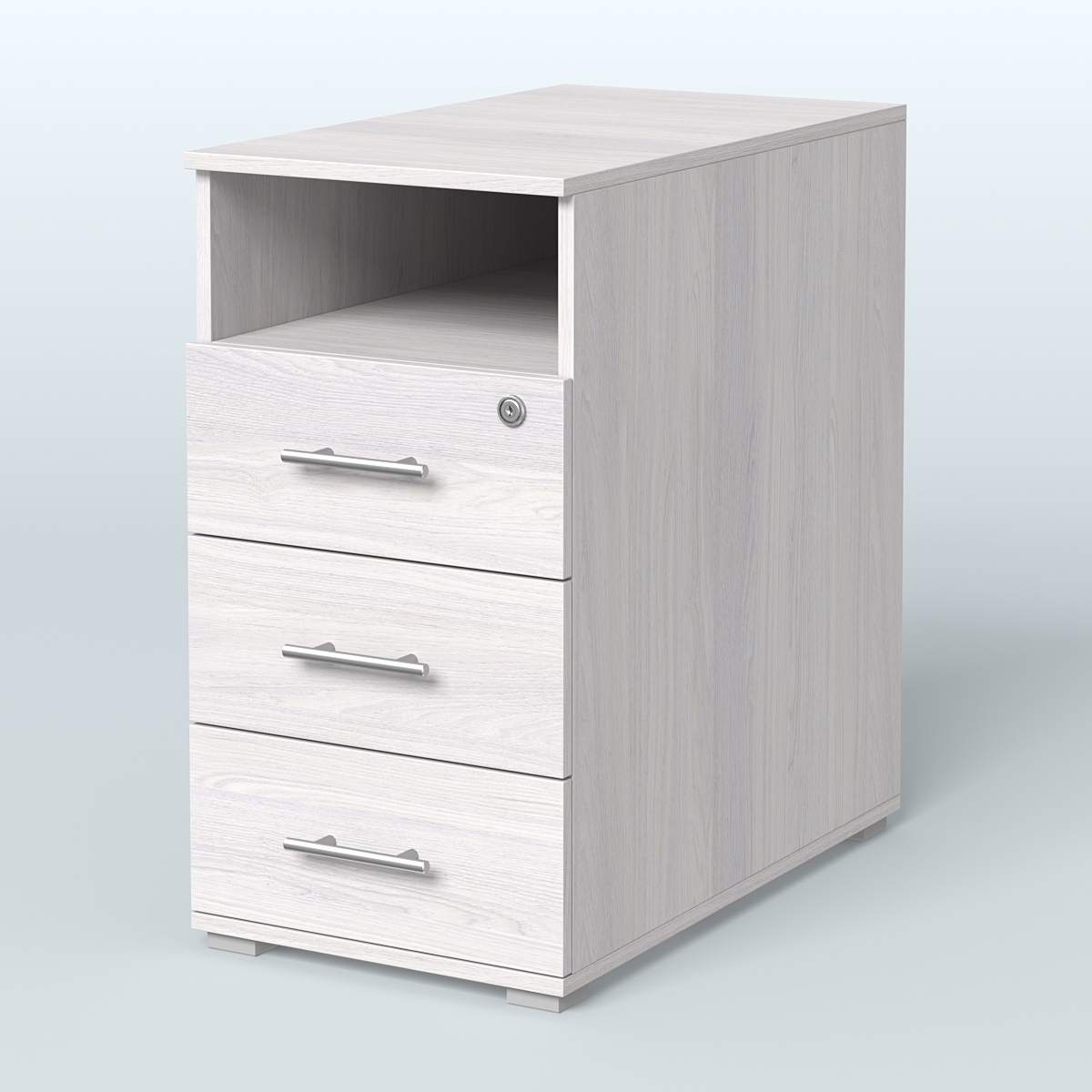 Тумба приставная с 3 ящиками (метабокс) и нишей с замком без топа Индиго Вуд, цвет белый + дуб светлый Ясень Анкор светлый