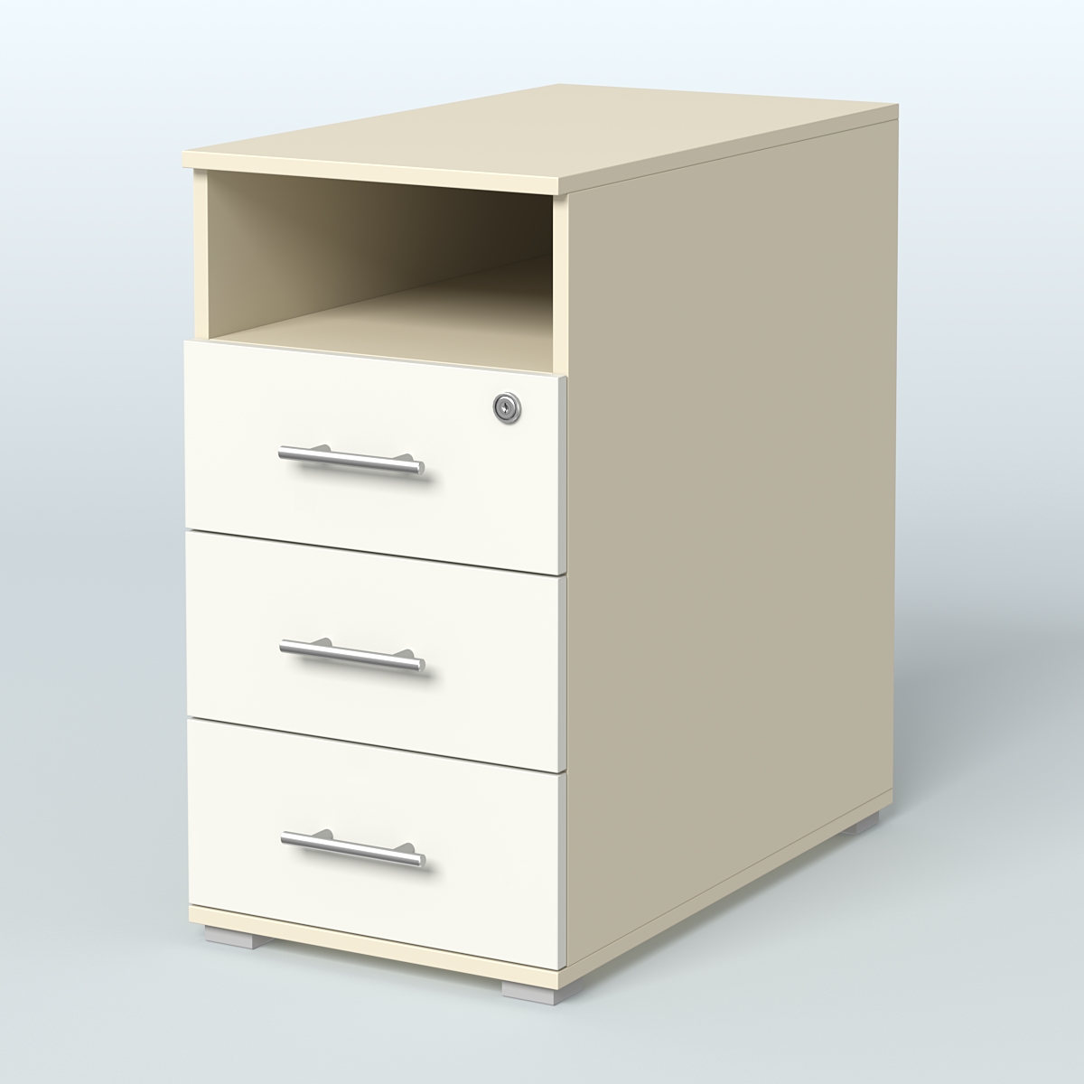 Тумба приставная с 3 ящиками (метабокс) и нишей с замком без топа Индиго Вуд, цвет белый + дуб светлый Крем Вайс + Белый