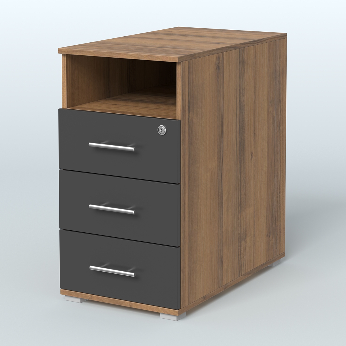 Тумба приставная с 3 ящиками (метабокс) и нишей с замком без топа Индиго Вуд, цвет белый + дуб светлый Орех + Черный