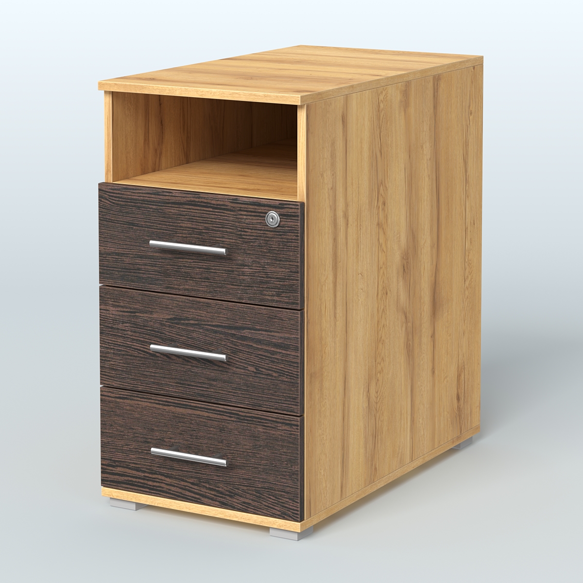 Тумба приставная с 3 ящиками (метабокс) и нишей с замком без топа Индиго Вуд, цвет белый + дуб светлый Дуб Золотистый + Дуб Венге