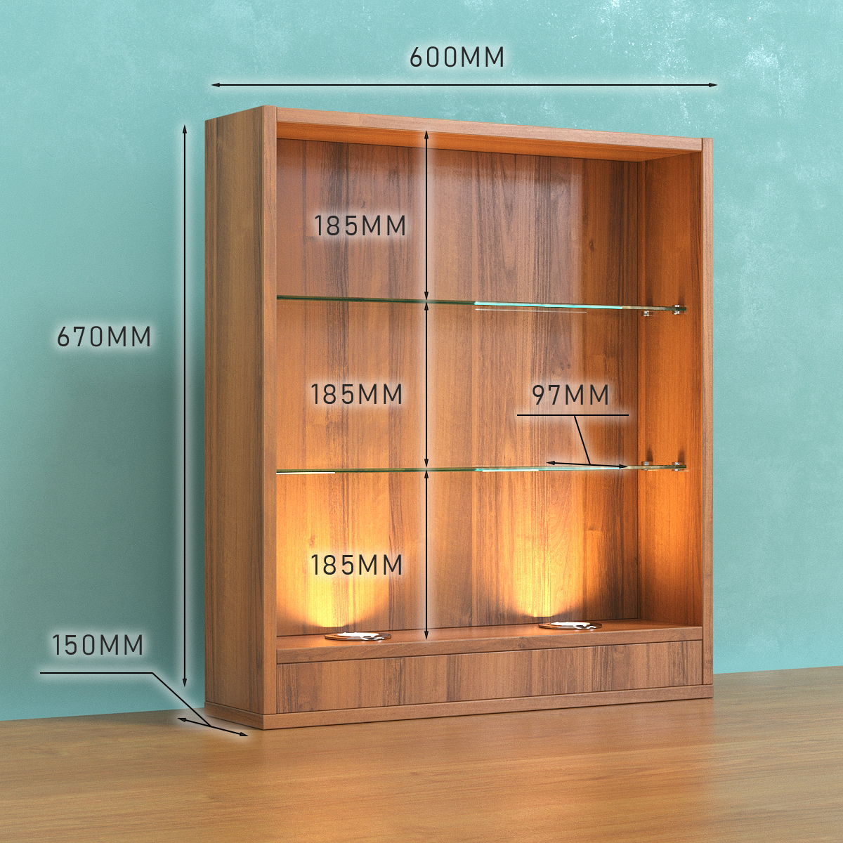 Витрина настольная №1-3Г-П открытая с подсветкой  Орех