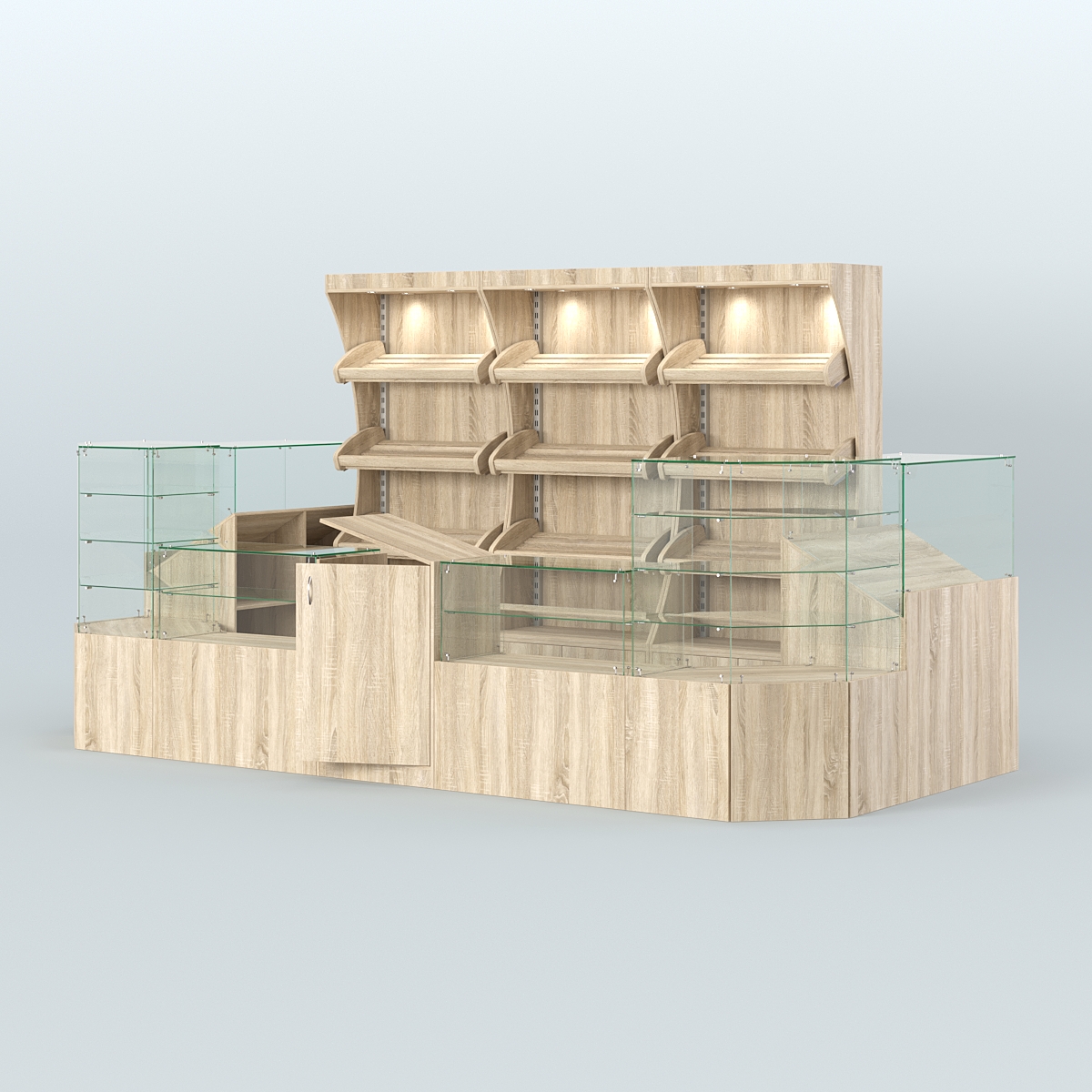 Пристенный павильон со стеклянными прилавками под выкладку хлеба и выпечки №2 Дуб сонома