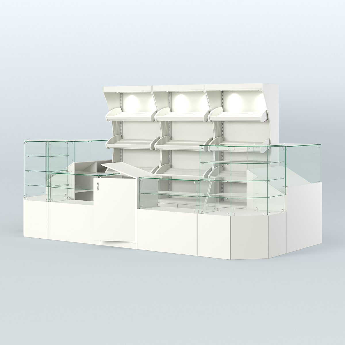 Пристенный павильон со стеклянными прилавками под выкладку хлеба и выпечки №2 Белый