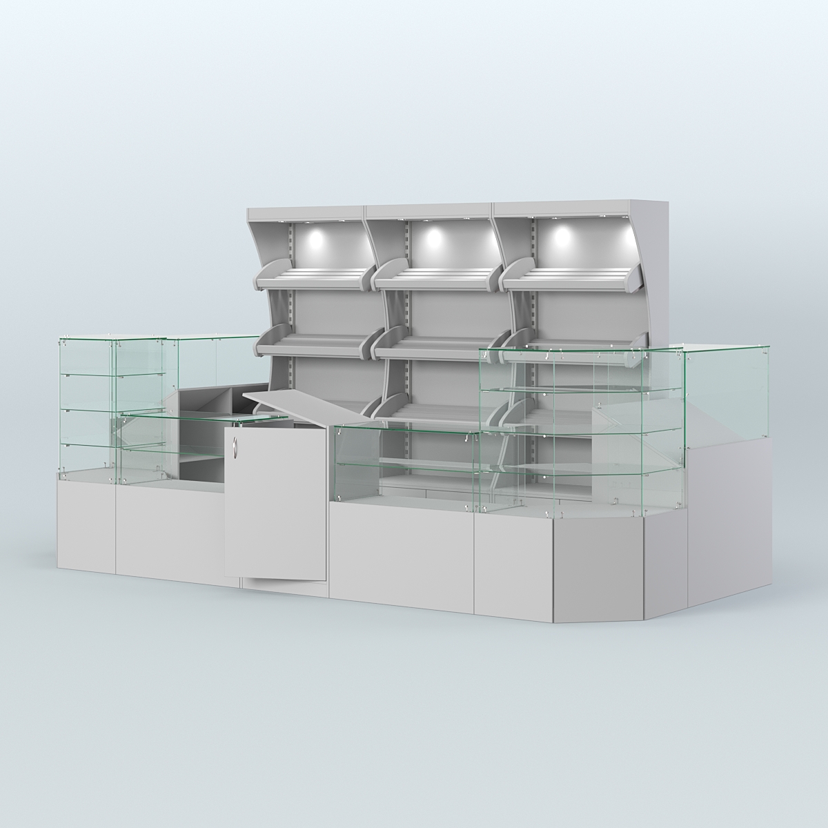 Пристенный павильон со стеклянными прилавками под выкладку хлеба и выпечки №2 Серый