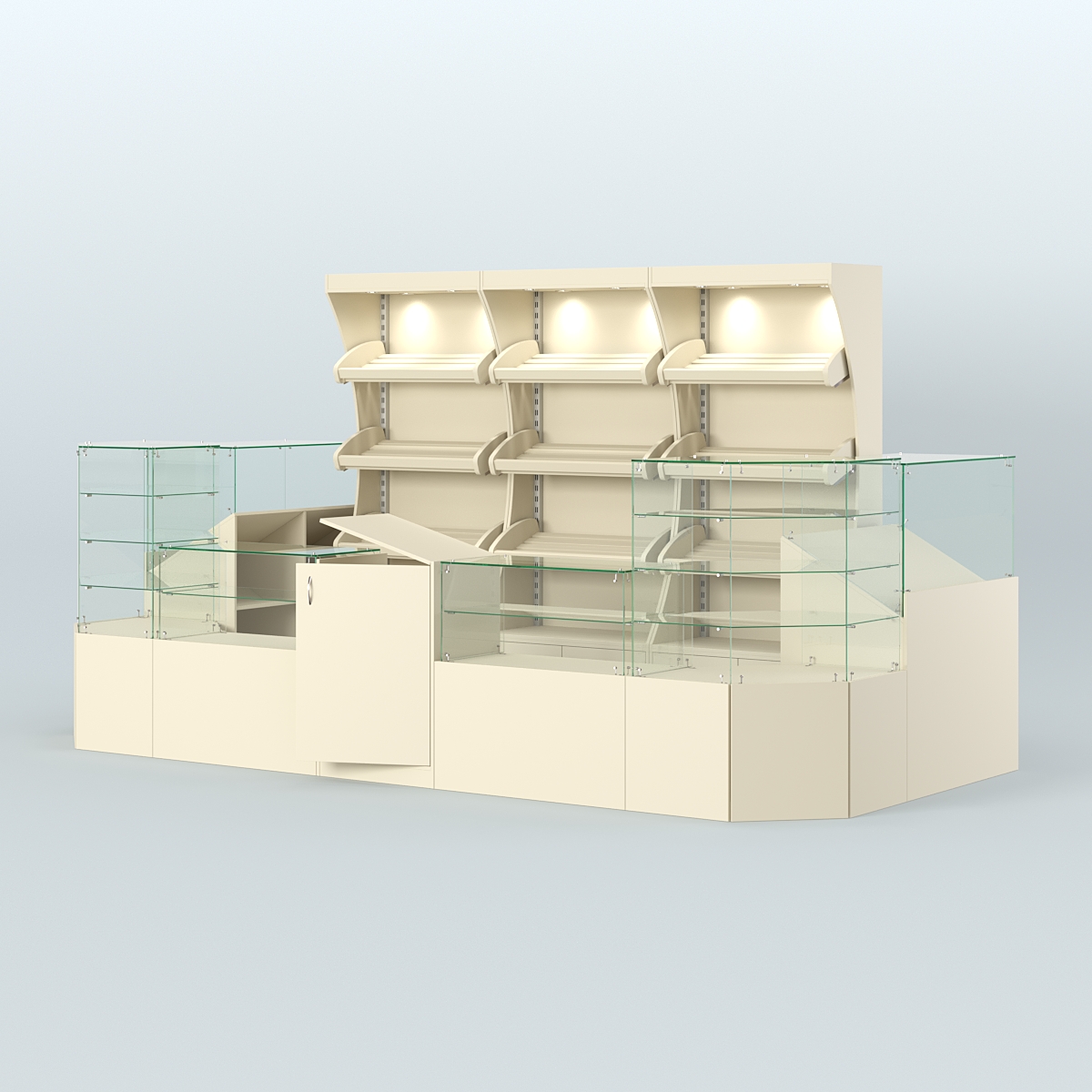 Пристенный павильон со стеклянными прилавками под выкладку хлеба и выпечки №2 Крем Вайс