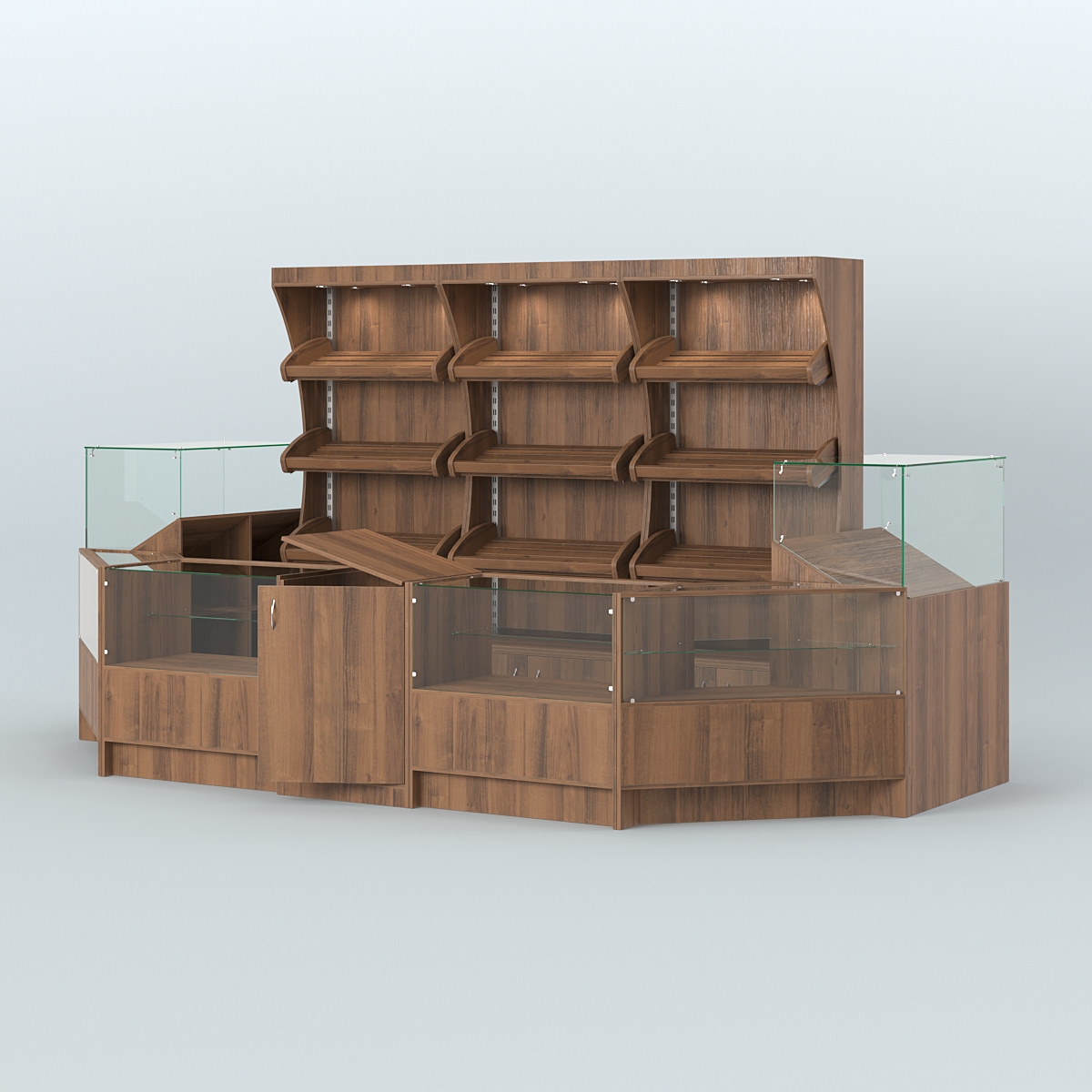 Пристенный павильон с недорогими прилавками для выкладки хлеба и выпечки №3 Орех