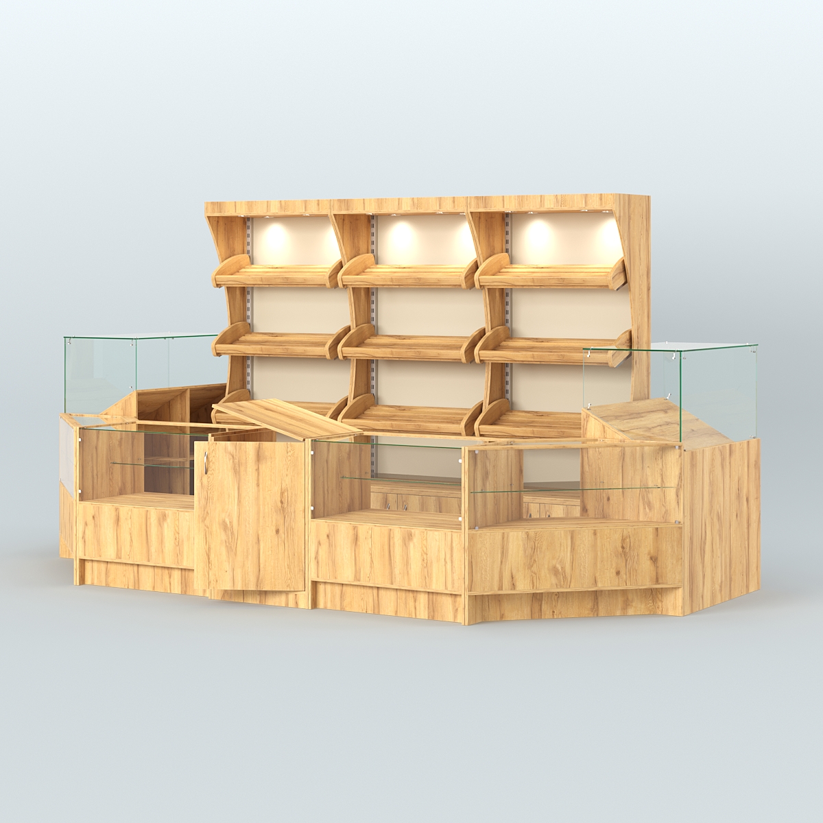 Пристенный павильон с недорогими прилавками для выкладки хлеба и выпечки №3 Дуб Золотистый и Крем Вайс