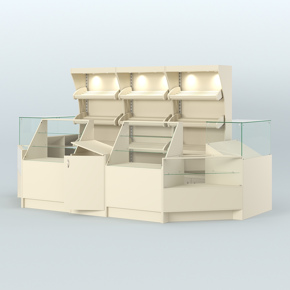 Пристенный павильон с прилавками из ДСП для продажи хлеба и выпечки №4 Крем Вайс