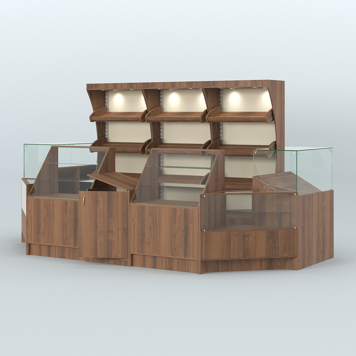 Пристенный павильон с прилавками из ДСП для продажи хлеба и выпечки №4 Орех + Крем Вайс