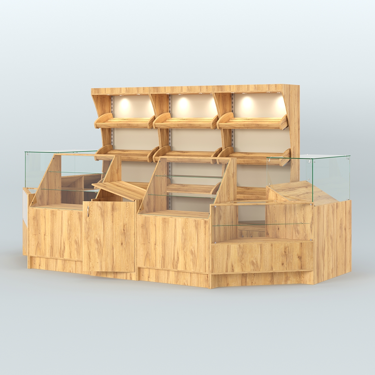 Пристенный павильон с прилавками из ДСП для продажи хлеба и выпечки №4 Дуб Золотистый и Крем Вайс