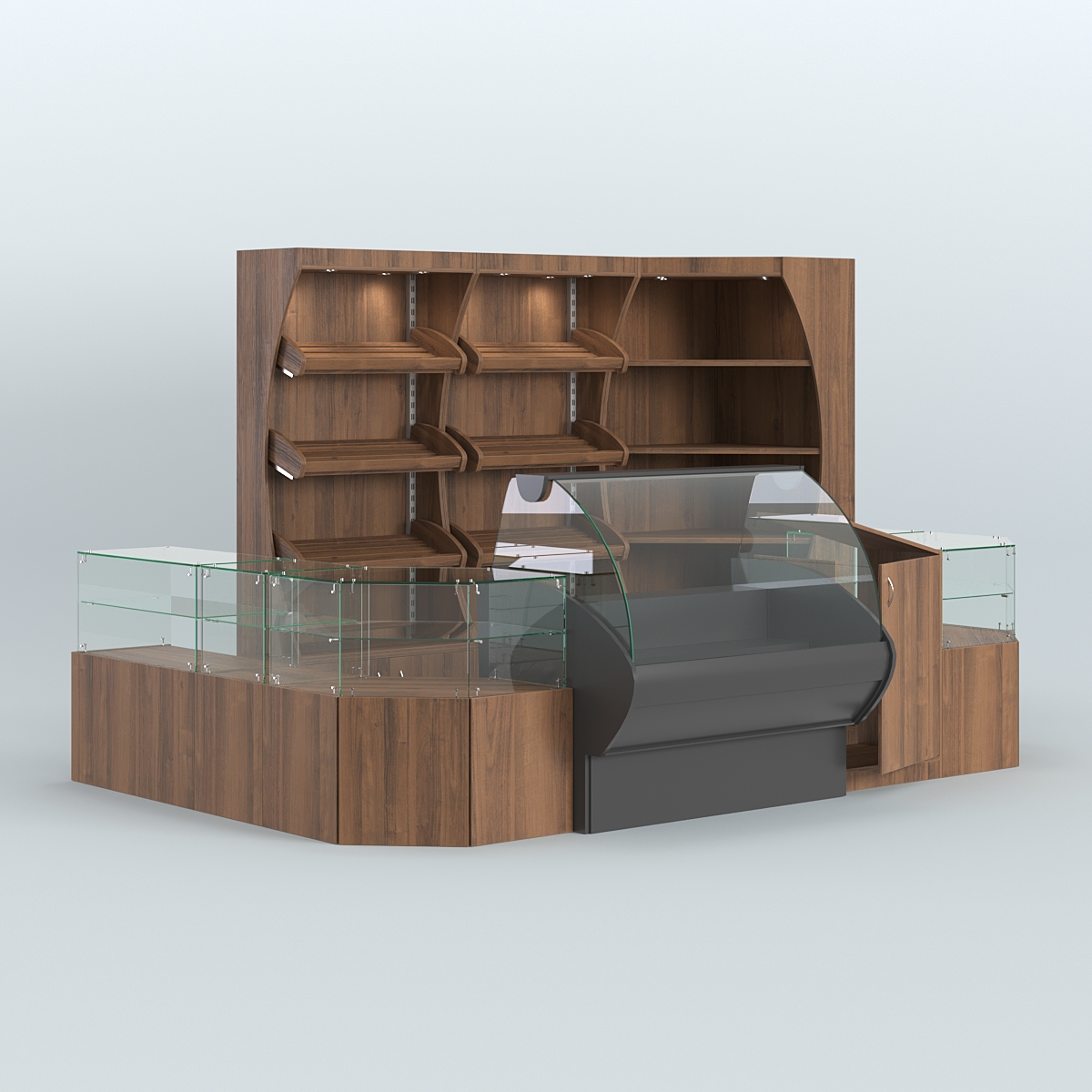 Угловой павильон с широкими прилавками для торговли хлебом и выпечкой №1 Орех