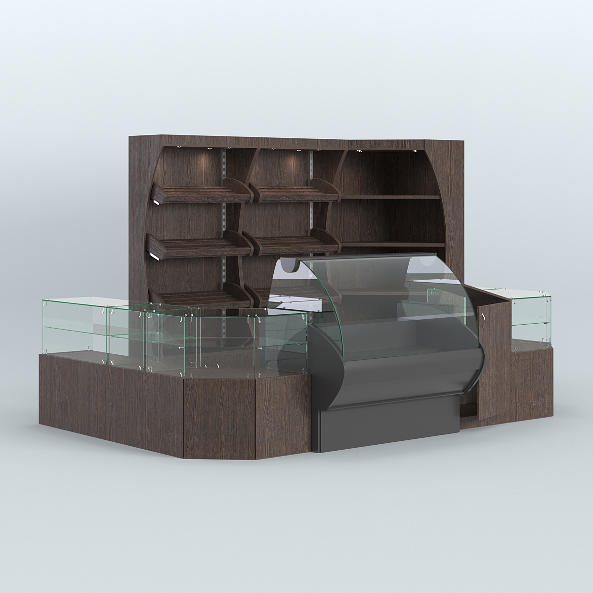 Угловой павильон с широкими прилавками для торговли хлебом и выпечкой №1 Дуб Венге