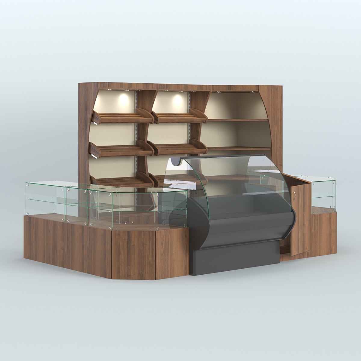 Угловой павильон с широкими прилавками для торговли хлебом и выпечкой №1 Орех + Крем Вайс