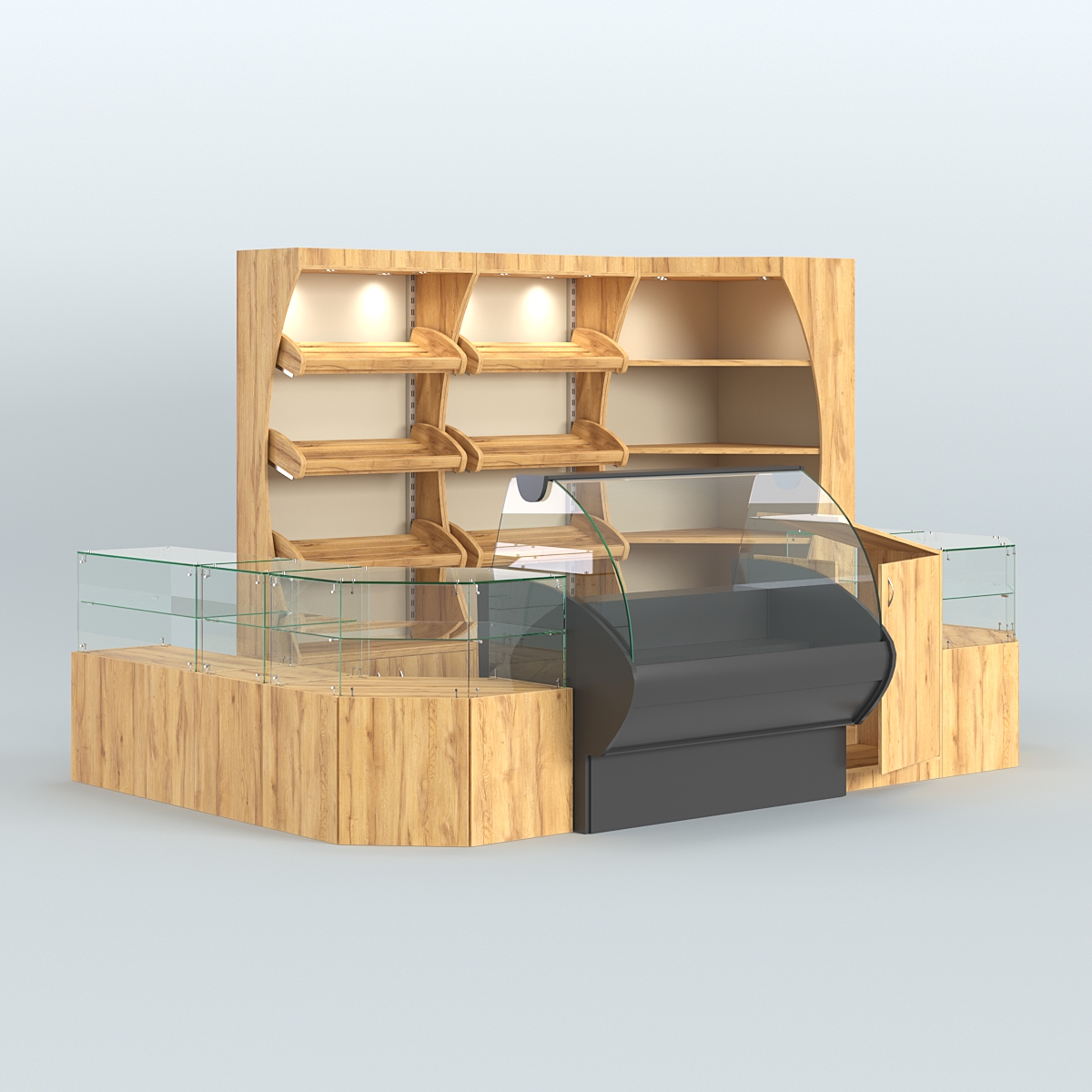 Угловой павильон с широкими прилавками для торговли хлебом и выпечкой №1 Дуб Золотистый и Крем Вайс