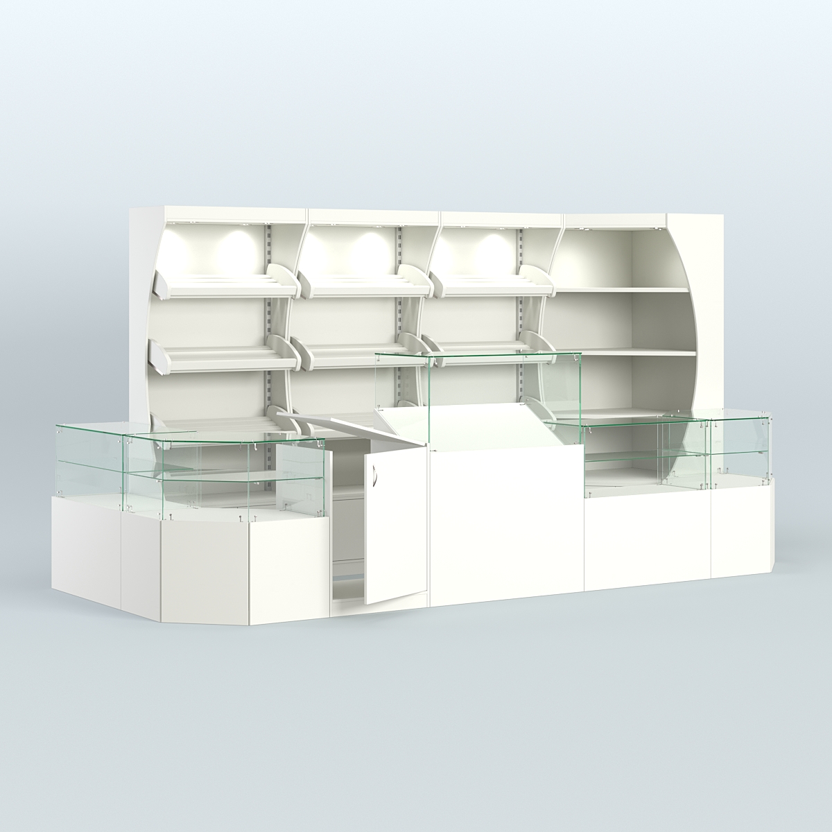 Угловой павильон со стеклянными прилавками для продажи хлеба и выпечки №3 Белый