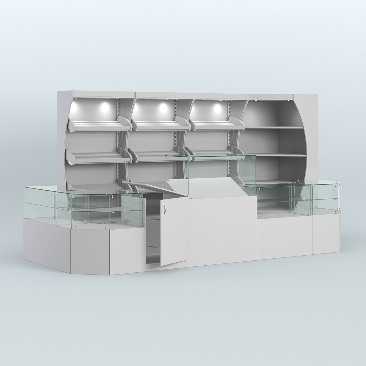 Угловой павильон со стеклянными прилавками для продажи хлеба и выпечки №3 Серый