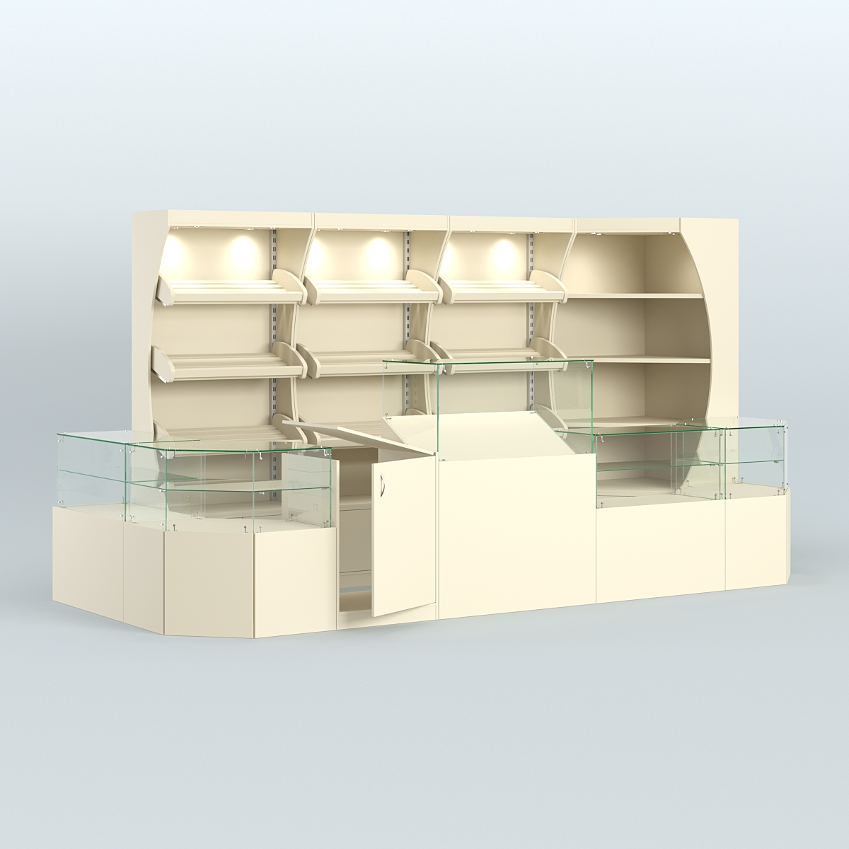 Угловой павильон со стеклянными прилавками для продажи хлеба и выпечки №3 Крем Вайс