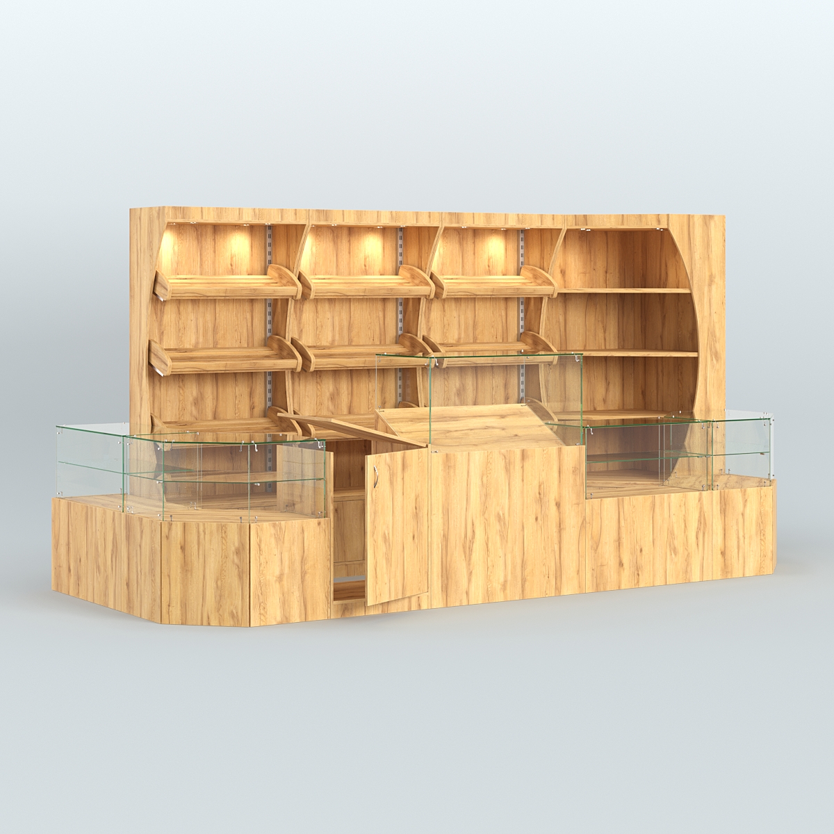 Угловой павильон со стеклянными прилавками для продажи хлеба и выпечки №3 Дуб Золотистый