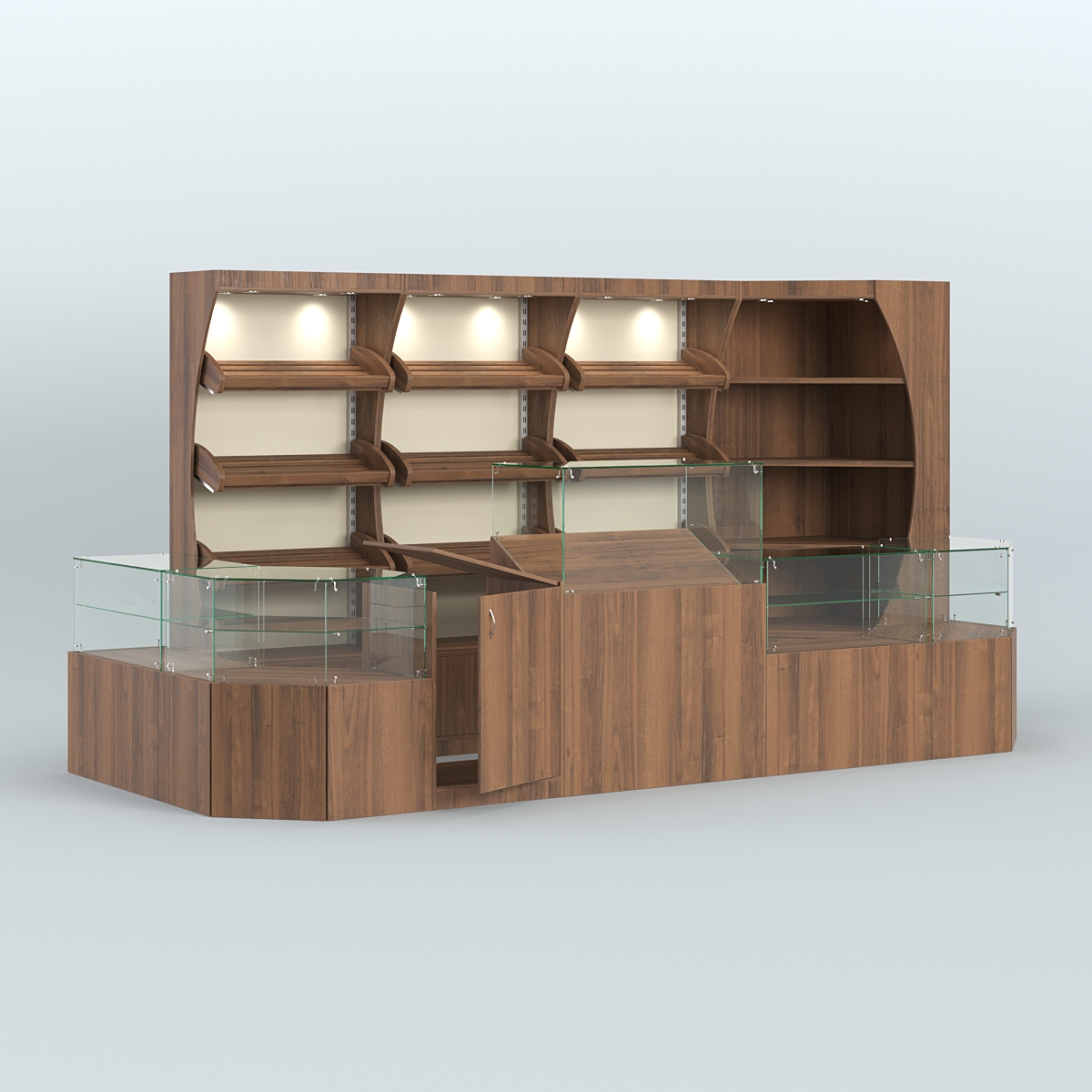 Угловой павильон со стеклянными прилавками для продажи хлеба и выпечки №3 Орех + Крем Вайс