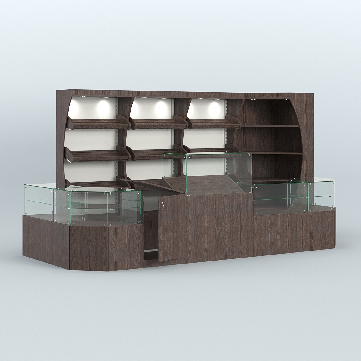 Угловой павильон со стеклянными прилавками для продажи хлеба и выпечки №3 Дуб Венге + Белый