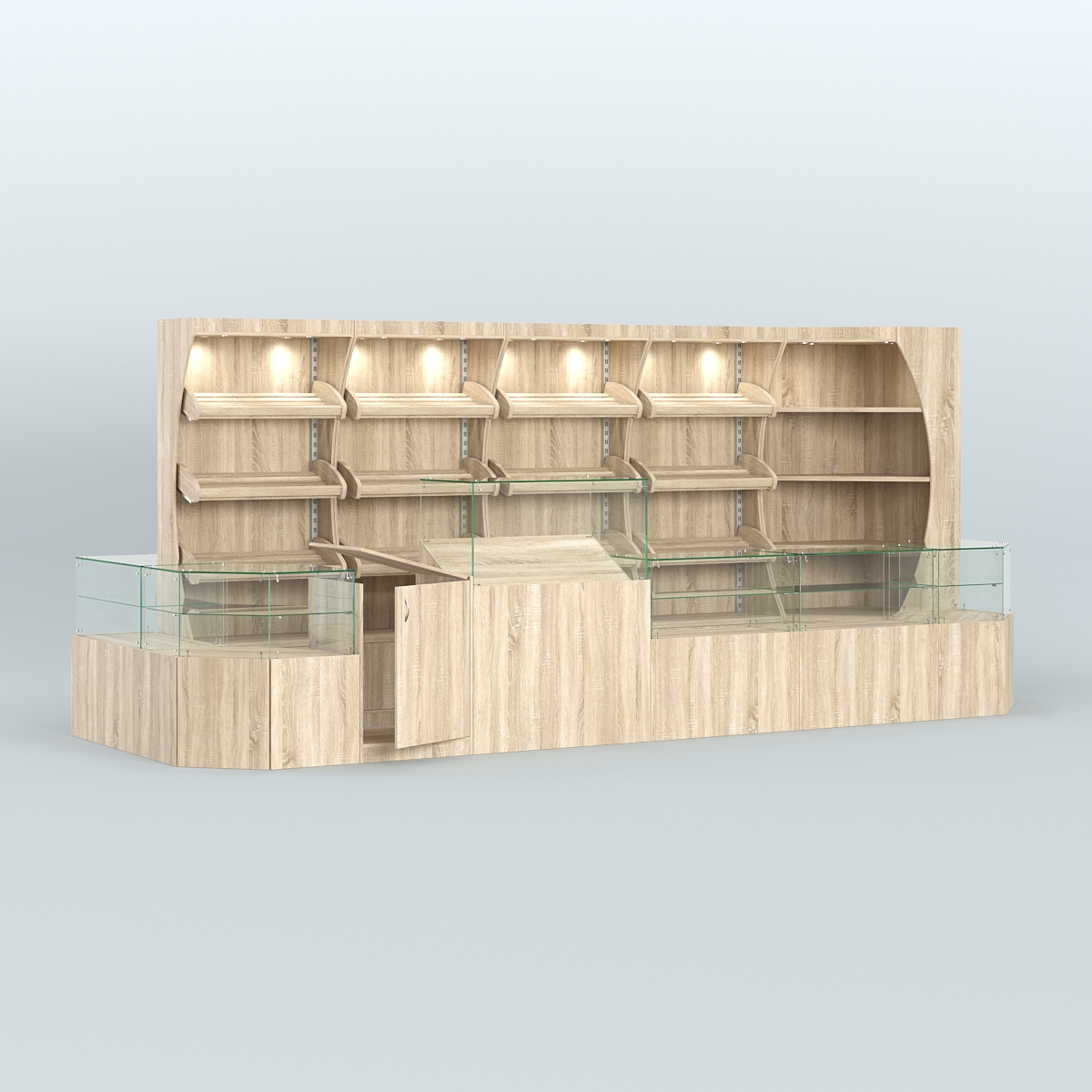 Угловой павильон с широким рядом стеллажей для размещения хлеба и выпечки №4 Дуб сонома