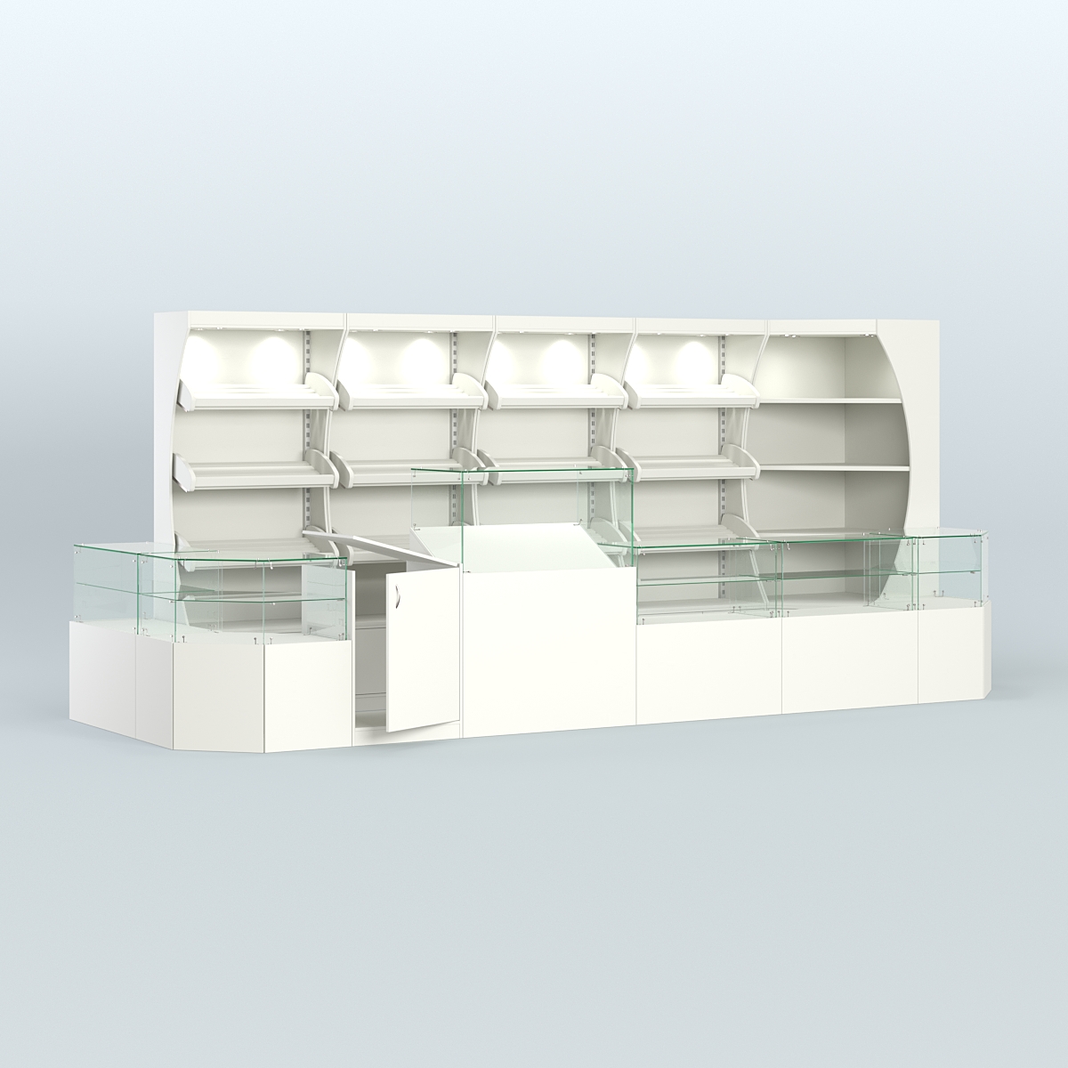 Угловой павильон с широким рядом стеллажей для размещения хлеба и выпечки №4 Белый