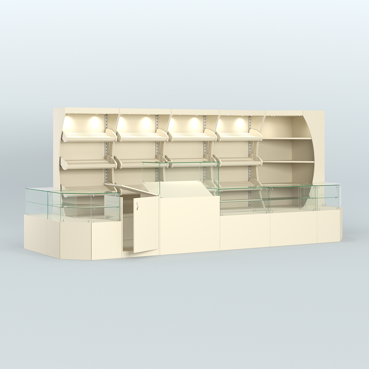 Угловой павильон с широким рядом стеллажей для размещения хлеба и выпечки №4 Крем Вайс