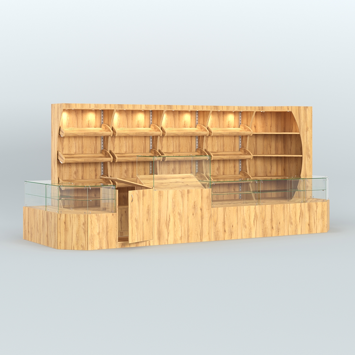 Угловой павильон с широким рядом стеллажей для размещения хлеба и выпечки №4 Дуб Золотистый