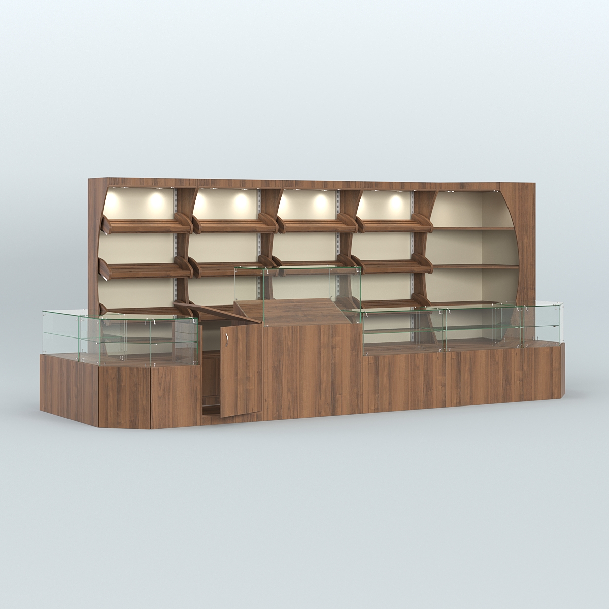 Угловой павильон с широким рядом стеллажей для размещения хлеба и выпечки №4 Орех + Крем Вайс