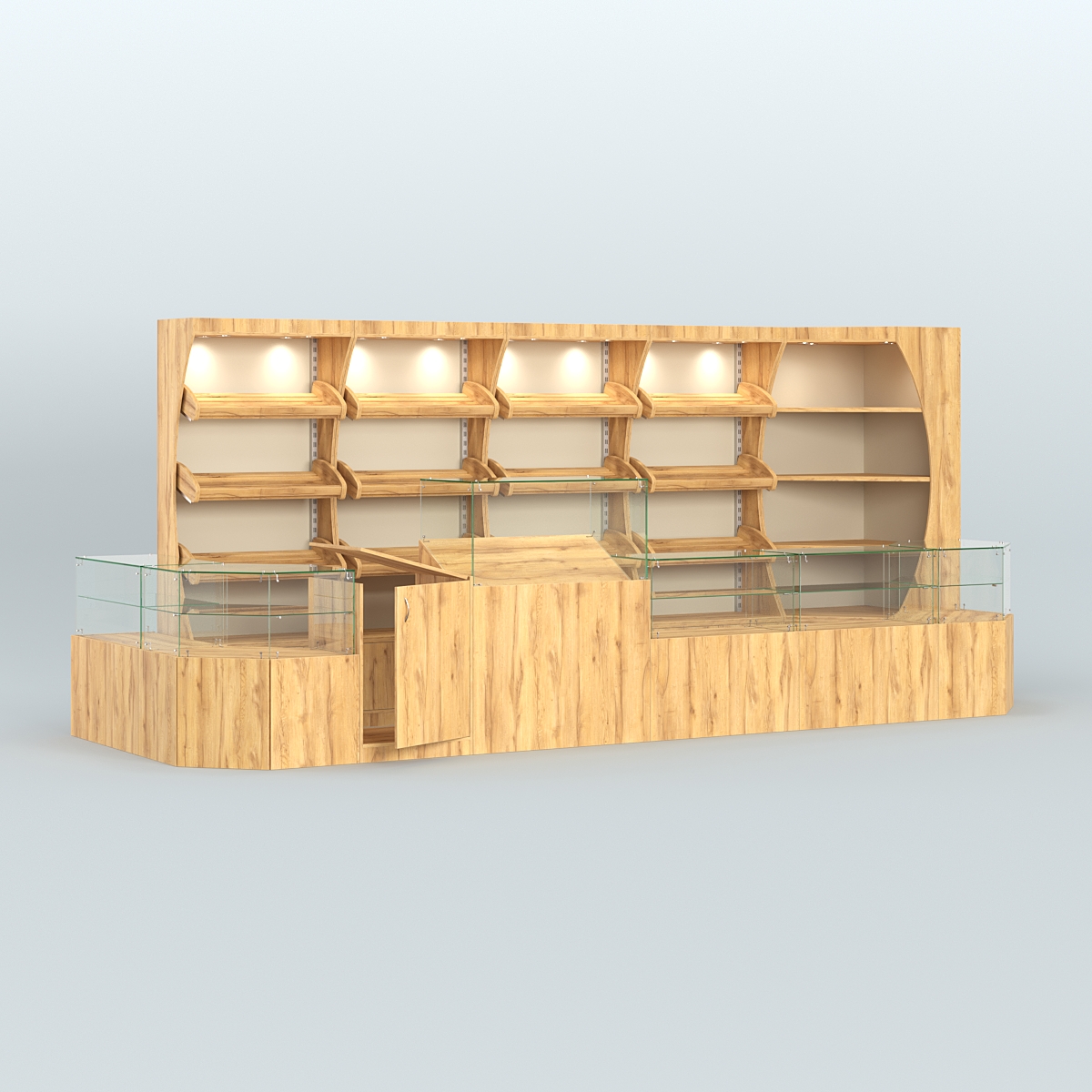 Угловой павильон с широким рядом стеллажей для размещения хлеба и выпечки №4 Дуб Золотистый и Крем Вайс