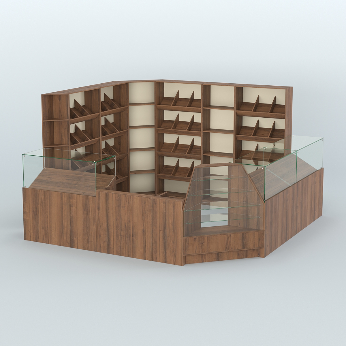 Угловой павильон из ДСП для торговли хлебом и выпечкой №5 Орех + Крем Вайс