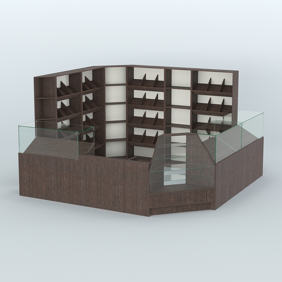 Угловой павильон из ДСП для торговли хлебом и выпечкой №5 Дуб Венге + Белый