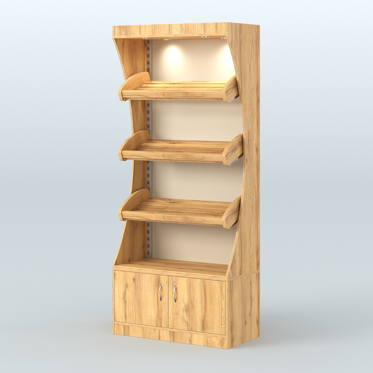 Стеллаж высокий пристенный с деревянными полками для хлебной лавки ХЛ-1 Дуб Золотистый и Крем Вайс