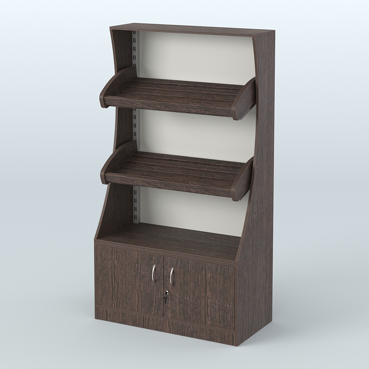 Стеллаж низкий пристенный с деревянными полками для хлебной лавки ХЛ-2 Дуб Венге + Белый