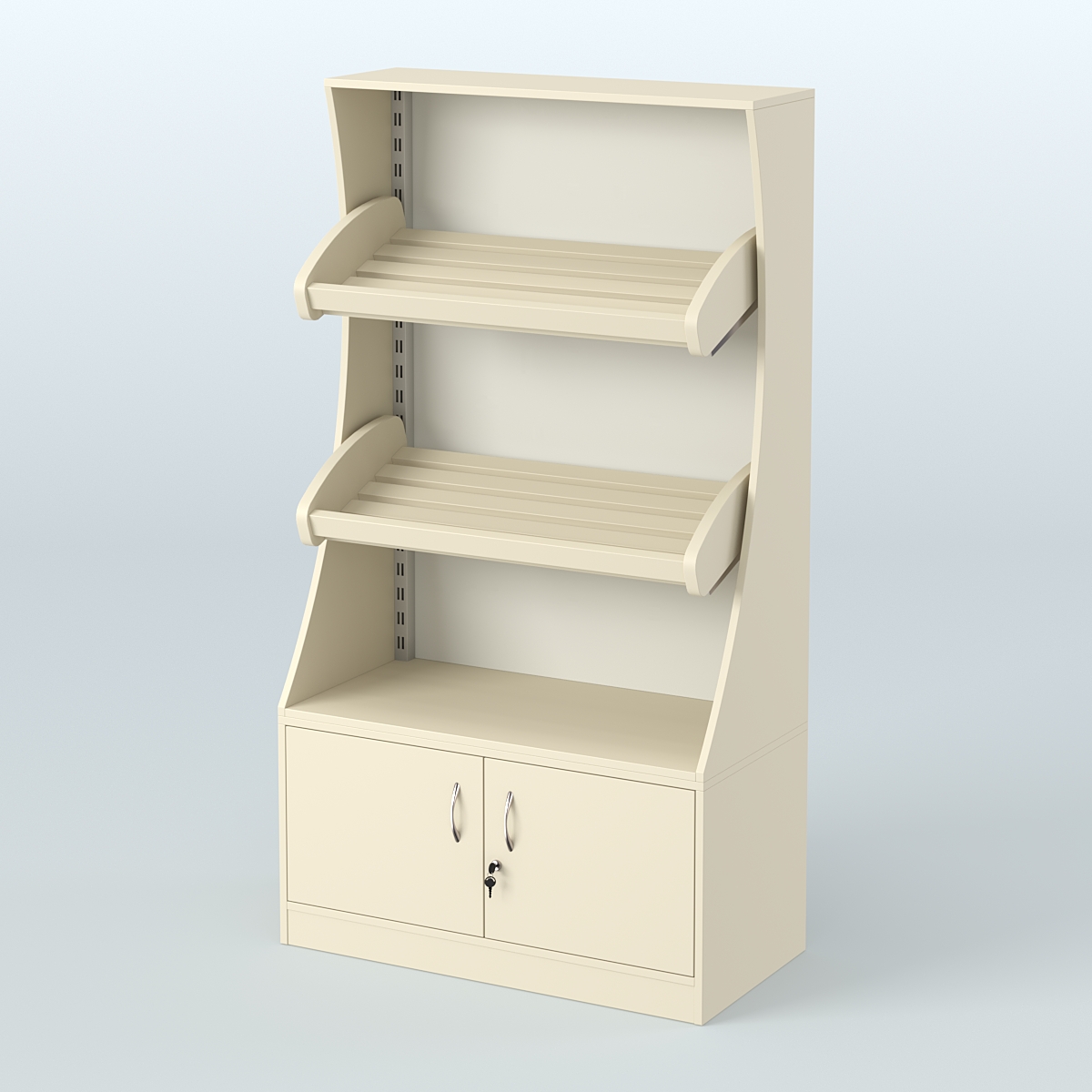 Стеллаж низкий пристенный с деревянными полками для хлебной лавки ХЛ-2 Крем Вайс + Белый