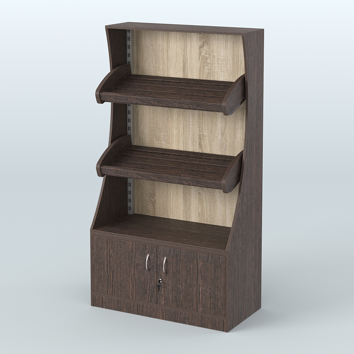 Стеллаж низкий пристенный с деревянными полками для хлебной лавки ХЛ-2 Дуб Венге + Дуб Сонома