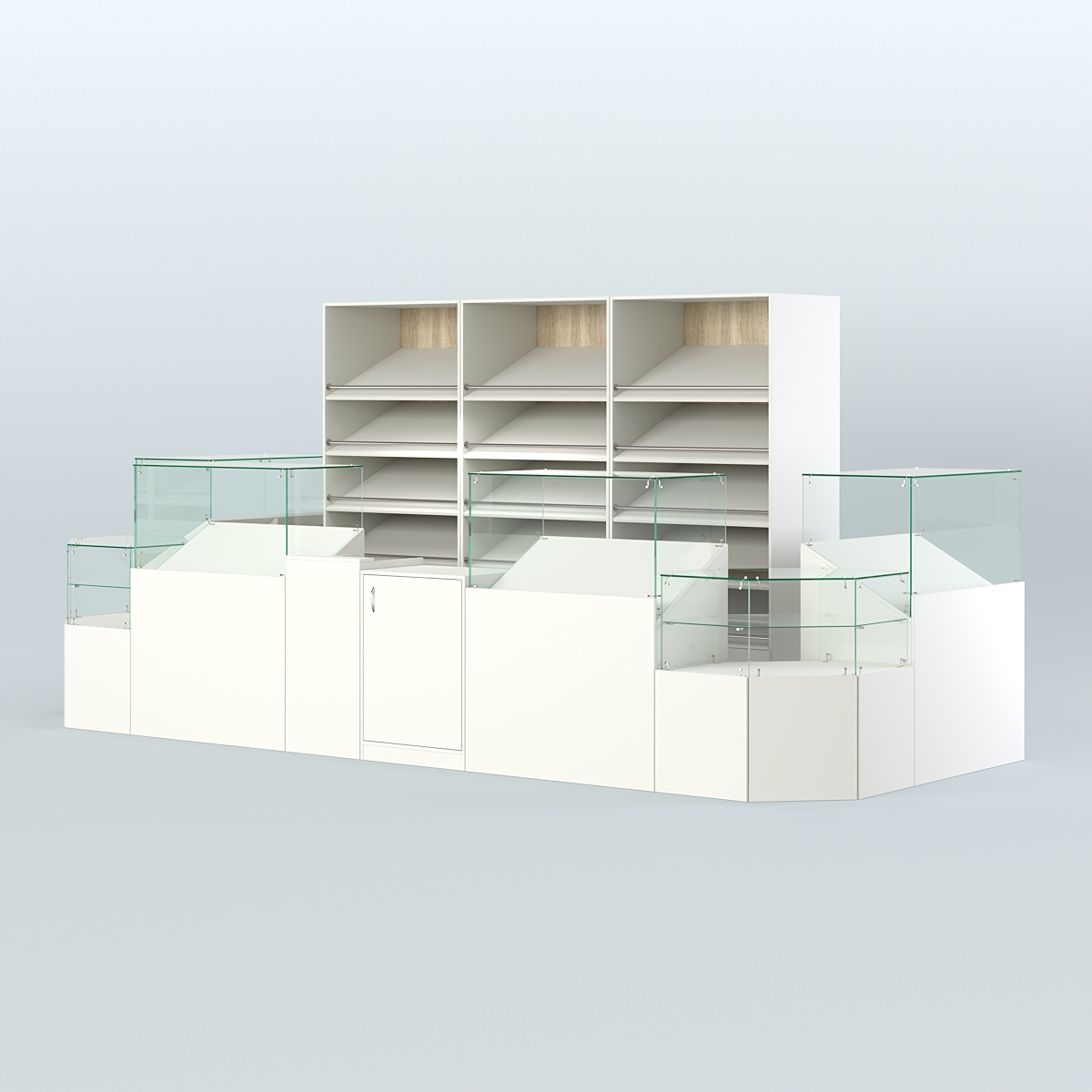 Пристенный павильон с прилавками и стеллажами для торговли хлебом и выпечкой №5 Белый + Дуб Сонома