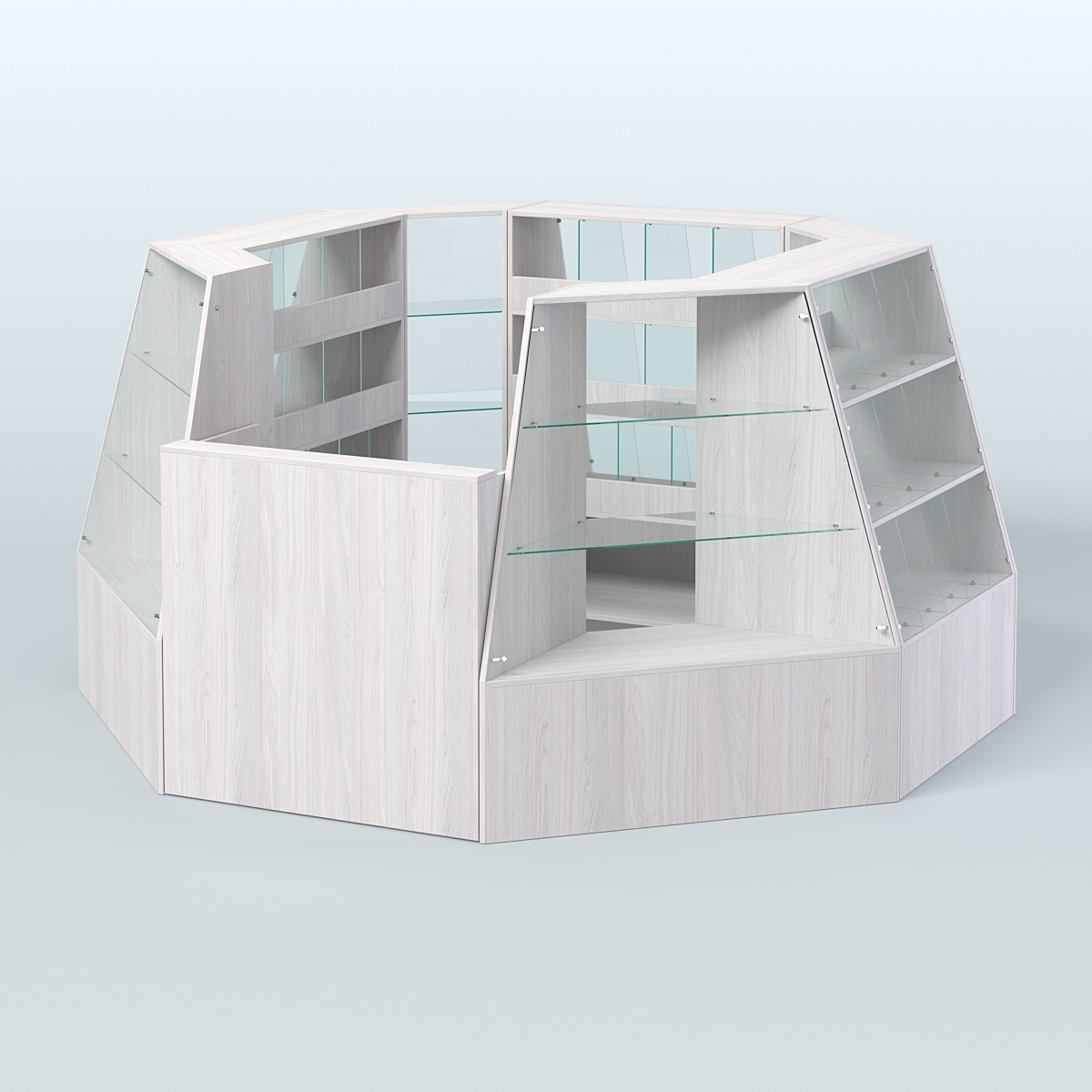 Торговый островок малый со стеклянными разделителями для продажи конфет и орехов на 39 ячеек №1-1 (4,94 кв.м) Ясень Анкор светлый