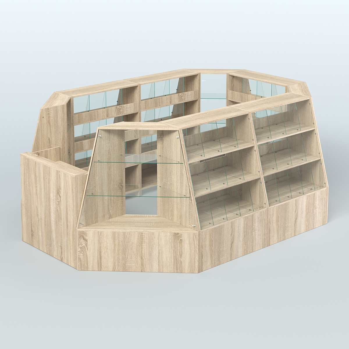 Торговый островок средний со стеклянными разделителями для продажи конфет и орехов 65 ячеек №2-1 (8,34 кв.м) Дуб сонома