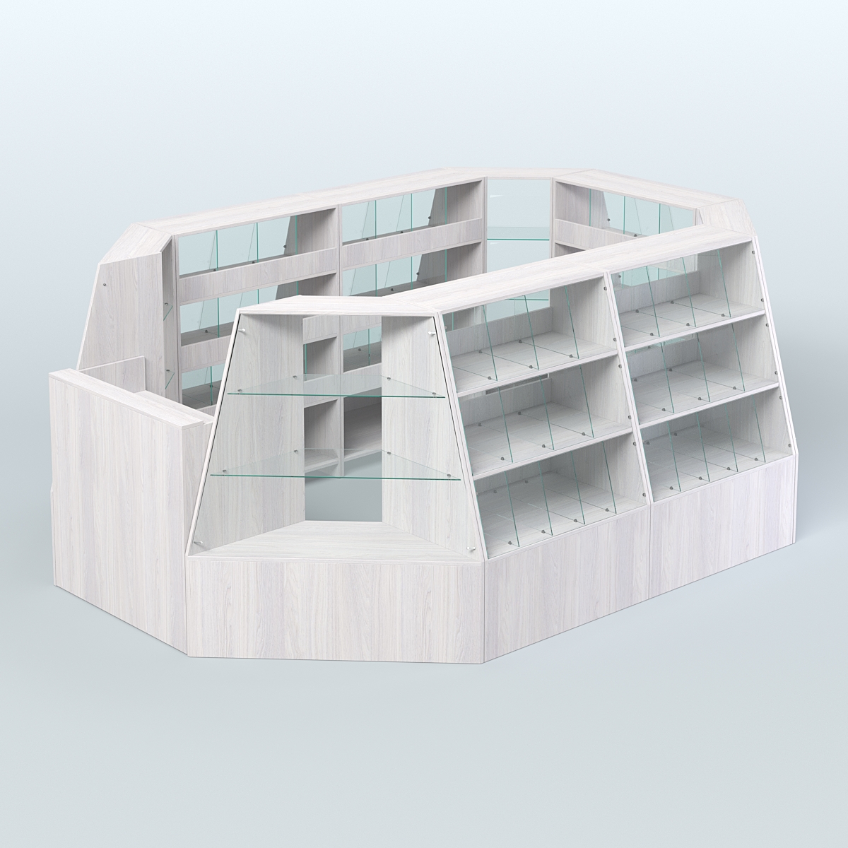 Торговый островок средний со стеклянными разделителями для продажи конфет и орехов 65 ячеек №2-1 (8,34 кв.м) Ясень Анкор светлый