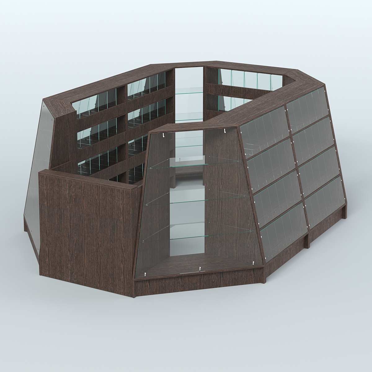 Торговый островок продольный со стеклянными разделителями для продажи конфет и орехов на 120 ячеек №2-2 (8,34 кв.м) Дуб Венге