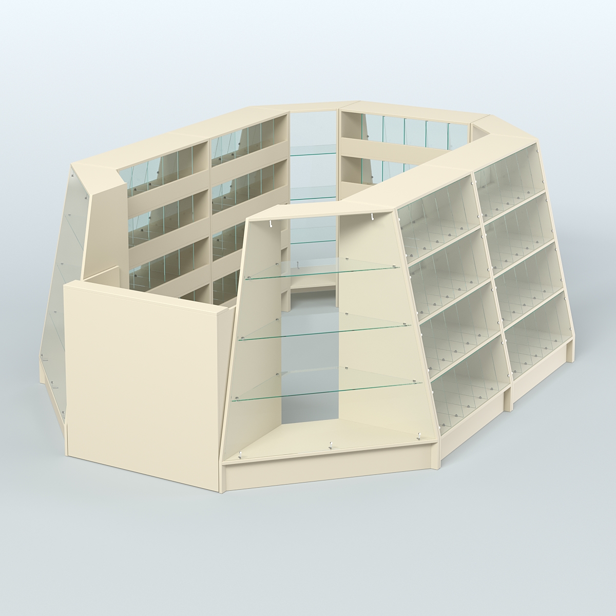 Торговый островок продольный со стеклянными разделителями для продажи конфет и орехов на 120 ячеек №2-2 (8,34 кв.м) Крем Вайс