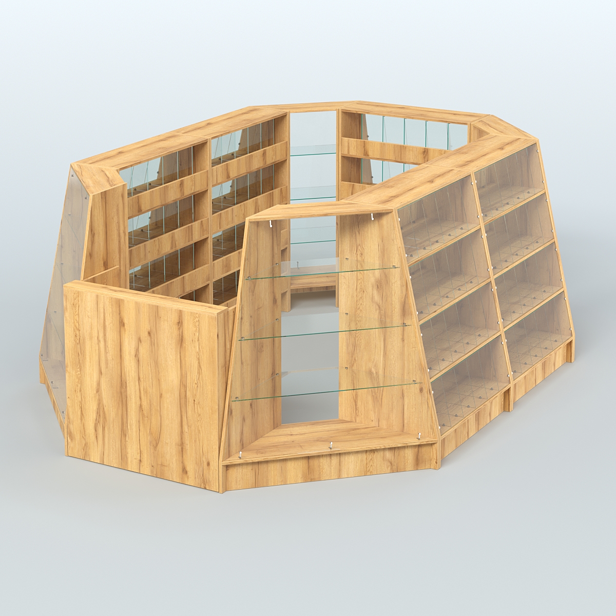 Торговый островок продольный со стеклянными разделителями для продажи конфет и орехов на 120 ячеек №2-2 (8,34 кв.м) Дуб Золотистый