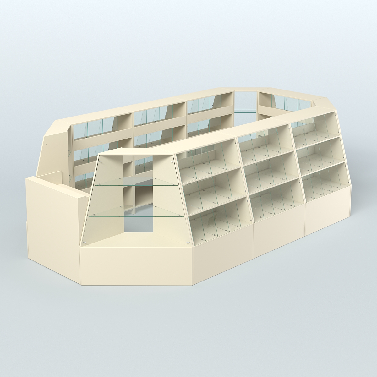 Торговый островок большой со стеклянными разделителями для продажи конфет и орехов на 91 ячейку №3-1 (10,57 кв.м) Крем Вайс