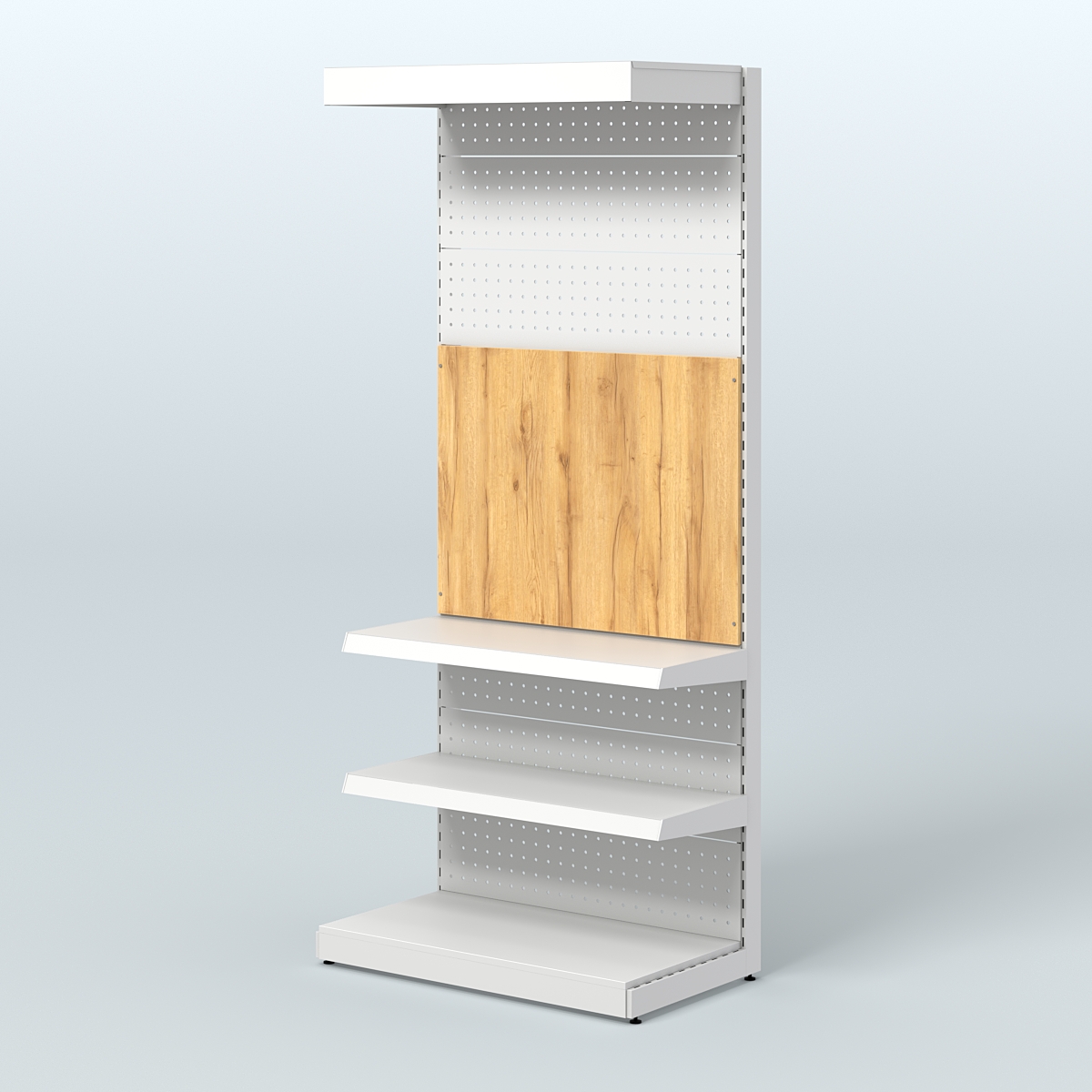 Высокий металлический стеллаж под врезные краны с полками и фризом в магазин разливного пива и рыбы BEER&FISH-МС-2400-2 Дуб Золотистый