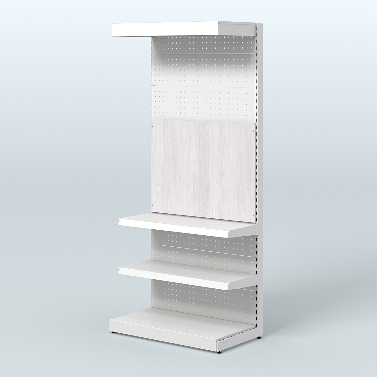 Высокий металлический стеллаж под врезные краны с полками и фризом в магазин разливного пива и рыбы BEER&FISH-МС-2400-2 Ясень Анкор светлый