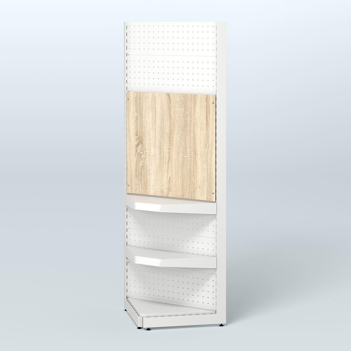 Угловой металлический стеллаж под врезные краны с двумя полками для магазина разливного пива и рыбы BEER&FISH-УМС-2150-1 Дуб Сонома