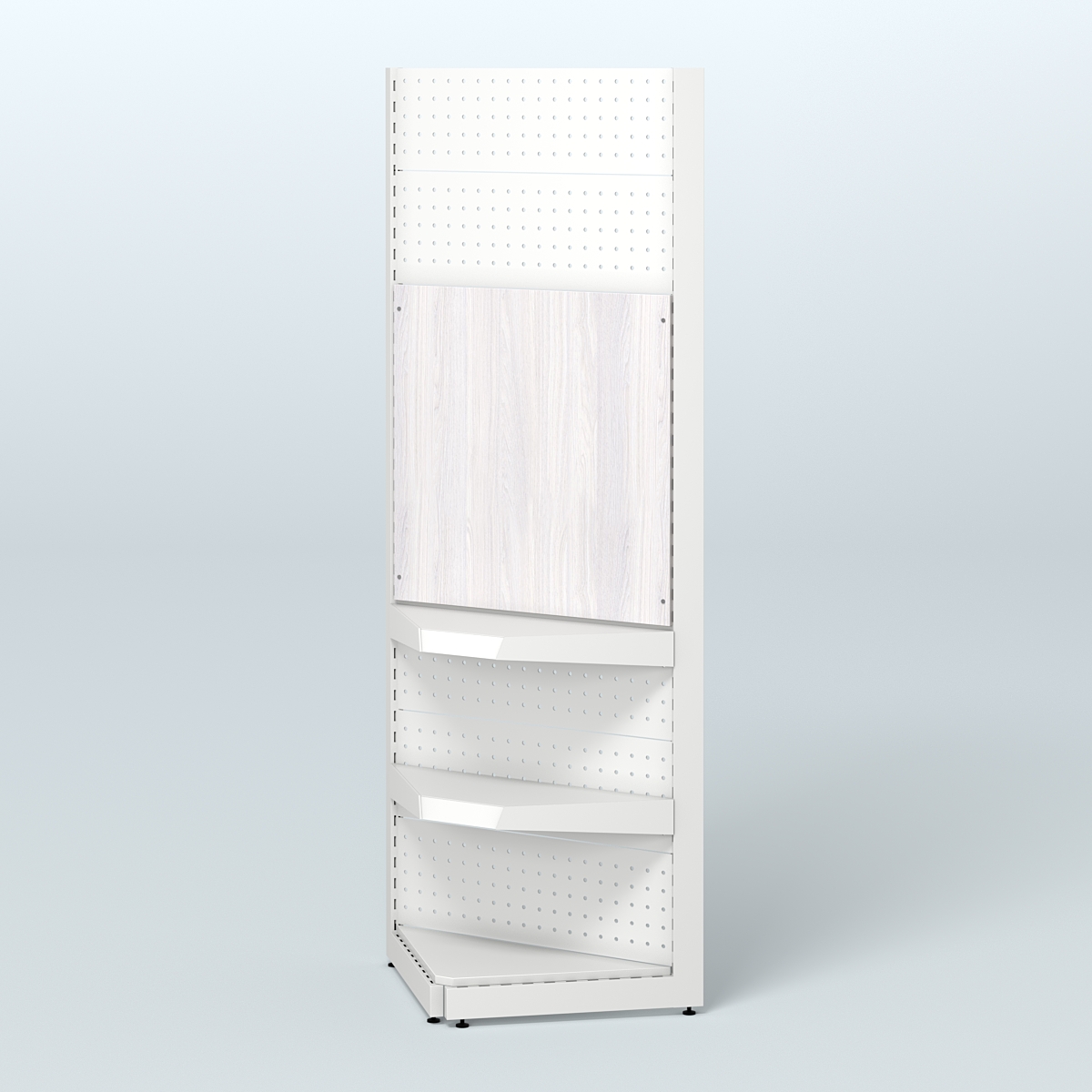 Угловой металлический стеллаж под врезные краны с двумя полками для магазина разливного пива и рыбы BEER&FISH-УМС-2150-1 Ясень Анкор светлый